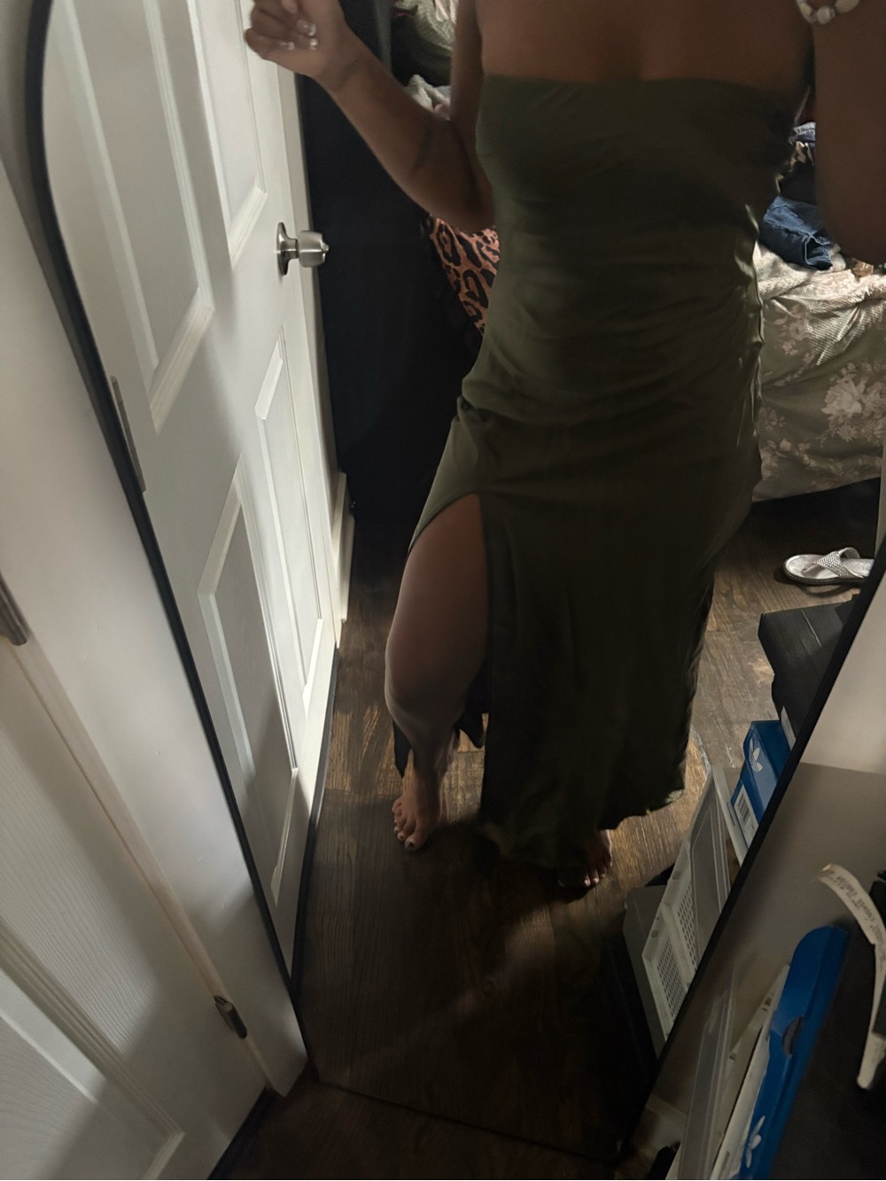Fashion Nova Olive Strapless Maxi Dress with Thigh Slit